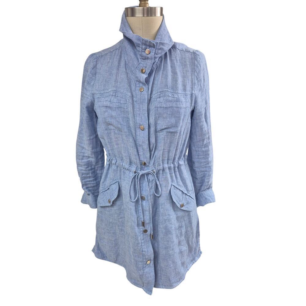CHICOS 100% Linen Blue Tunic Shirt Jacket Cinch Waist Sz 0